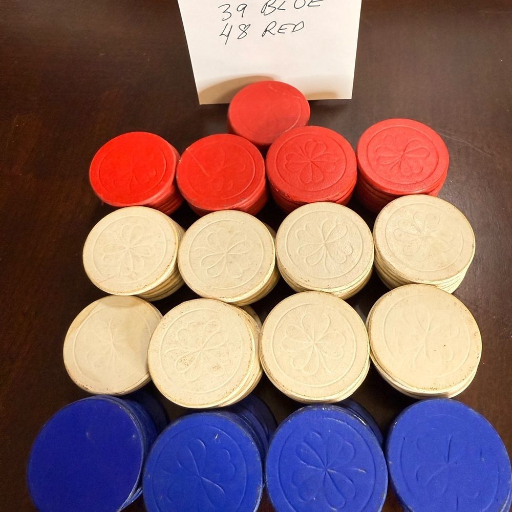 Vintage 48 Red, 77 White and 39 Blue Poker Chips in original box.